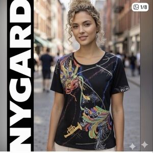 Peter Nygard Black Multicolor Mardi Gras Graphic Short Sleeve Blouse Size Medium